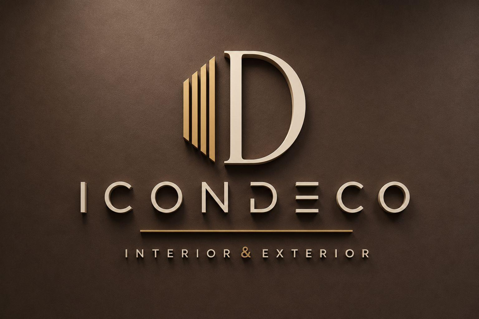 ICONDECO gold and cream logo on a textured brown wall